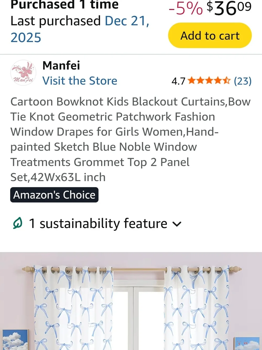 Light Blue Bow Print Grommet Curtain Panel